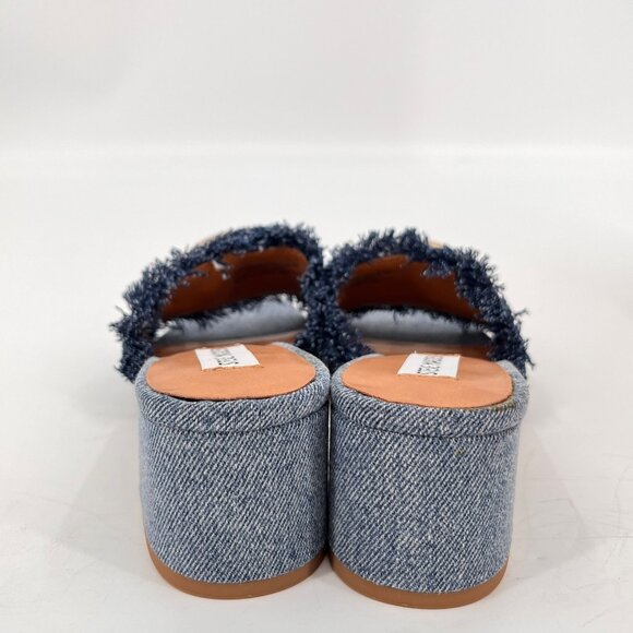 Steve Madden Santana Block Heel Sandals Size 6.5 Denim Frayed Strap Slip-On - Picture 4 of 15